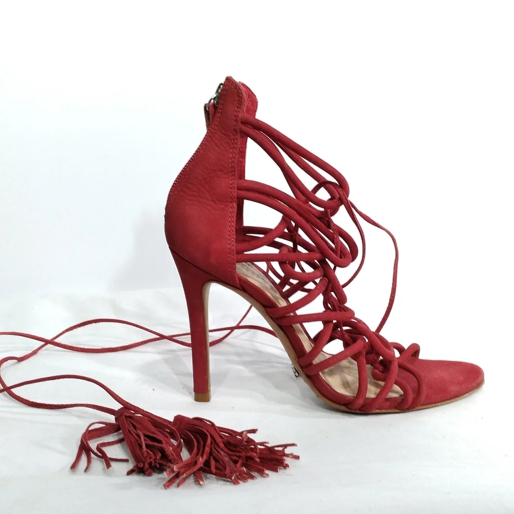 SCHUTZ Valquis Red Nubuck Leather Laced Caged Stiletto Heeled Sandals w/… - Picture 2 of 11